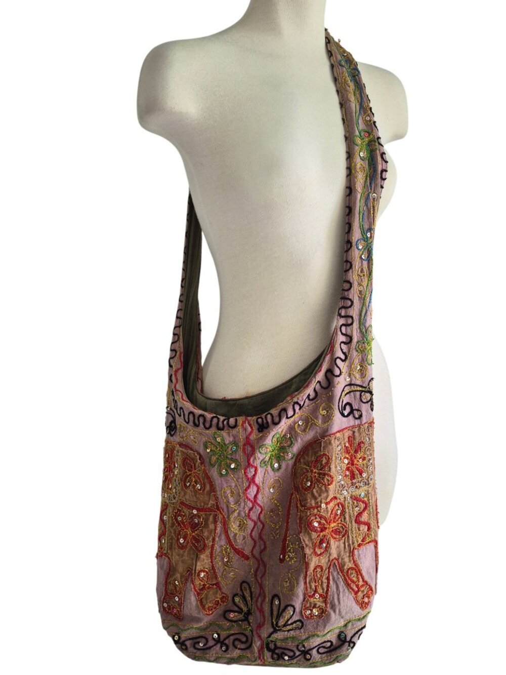 Boho Embroidered Hobo Crossbody Purse Bag Wide Comfy Straps Ornate Elephants